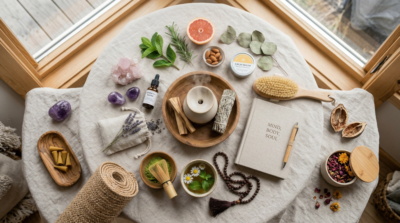 Natural wellness items including essential oils, crystals, herbs, balm, brush, journal, and tea