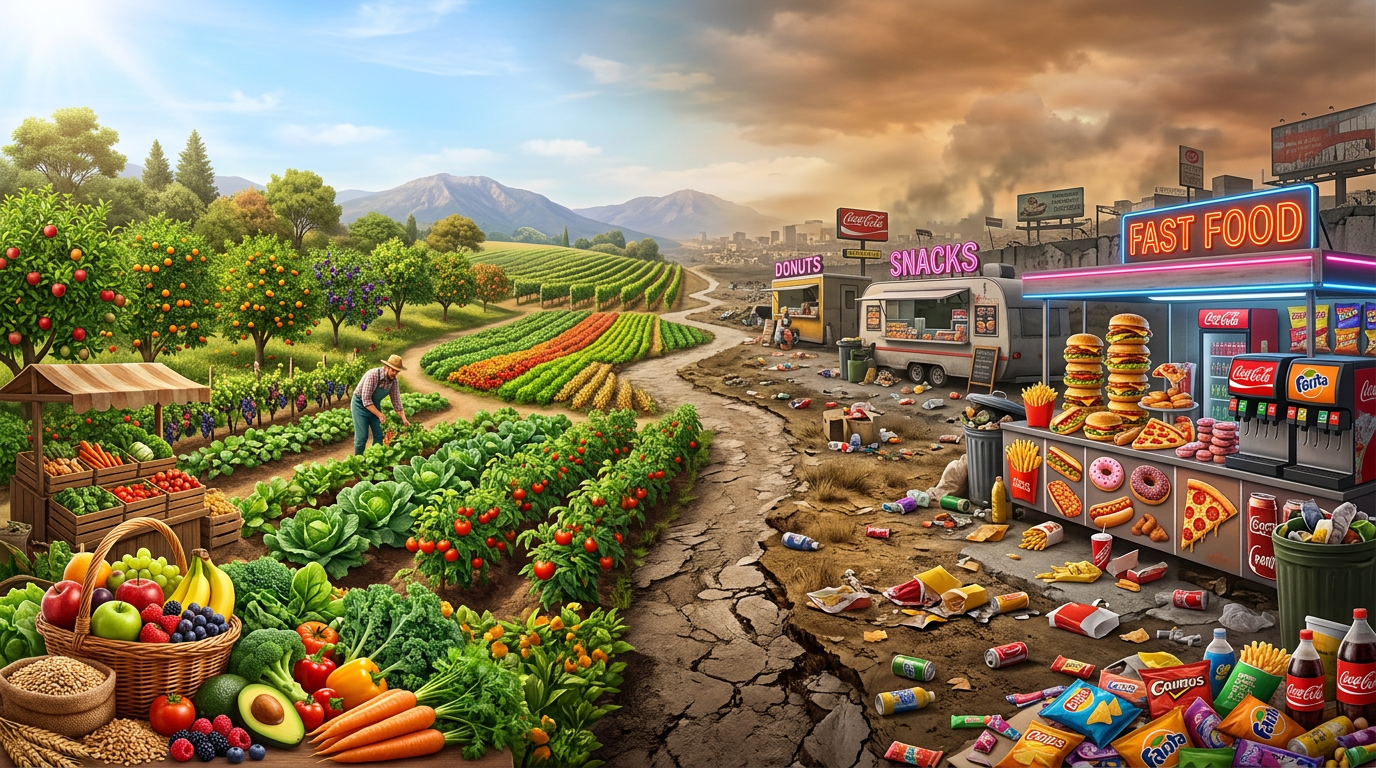 Side-by-side view of a lush farm with fresh vegetables and fruit contrasted by a dirty fast food stand surrounded by litter