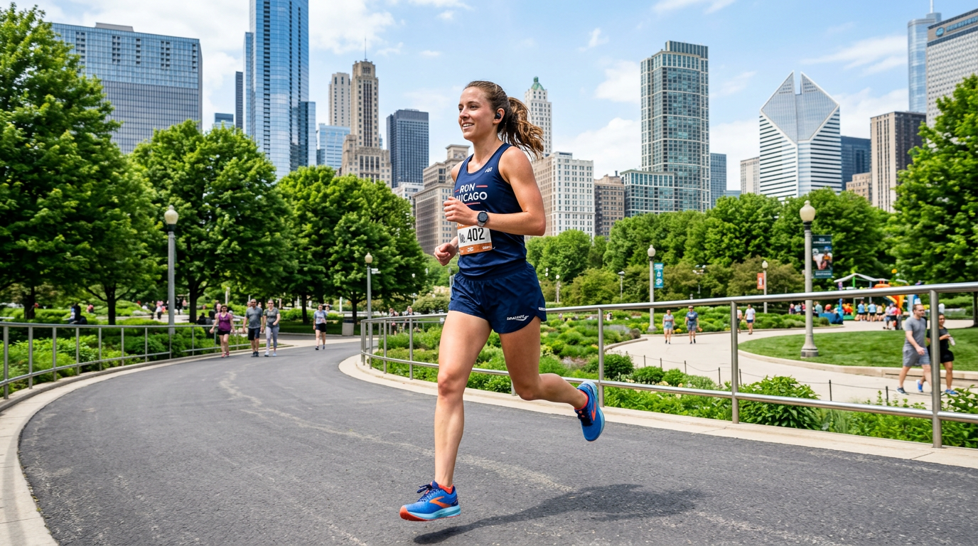 Female runner wearing bib number 402 running on paved path in Chicago park with city skyline