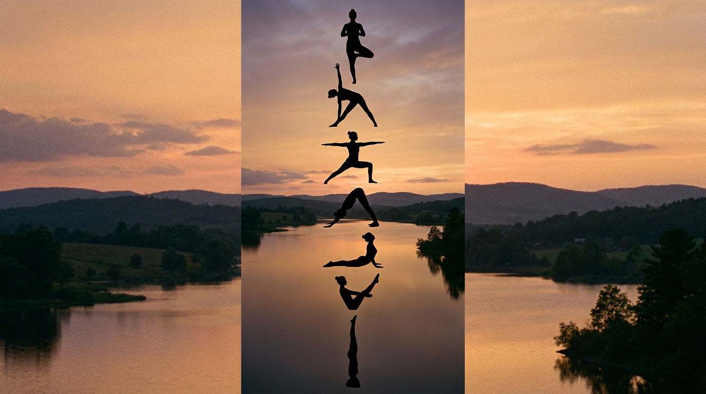 Silhouettes of a person performing six different yoga poses stacked vertically over a lake at sunset