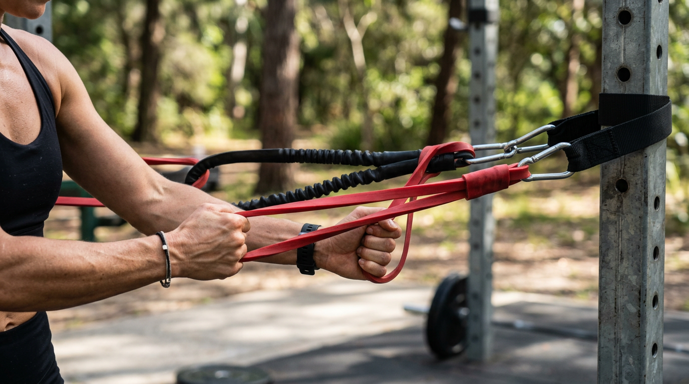 Close-up of hands and arms pulling red and black resistance bands attached to metal posts outdoors